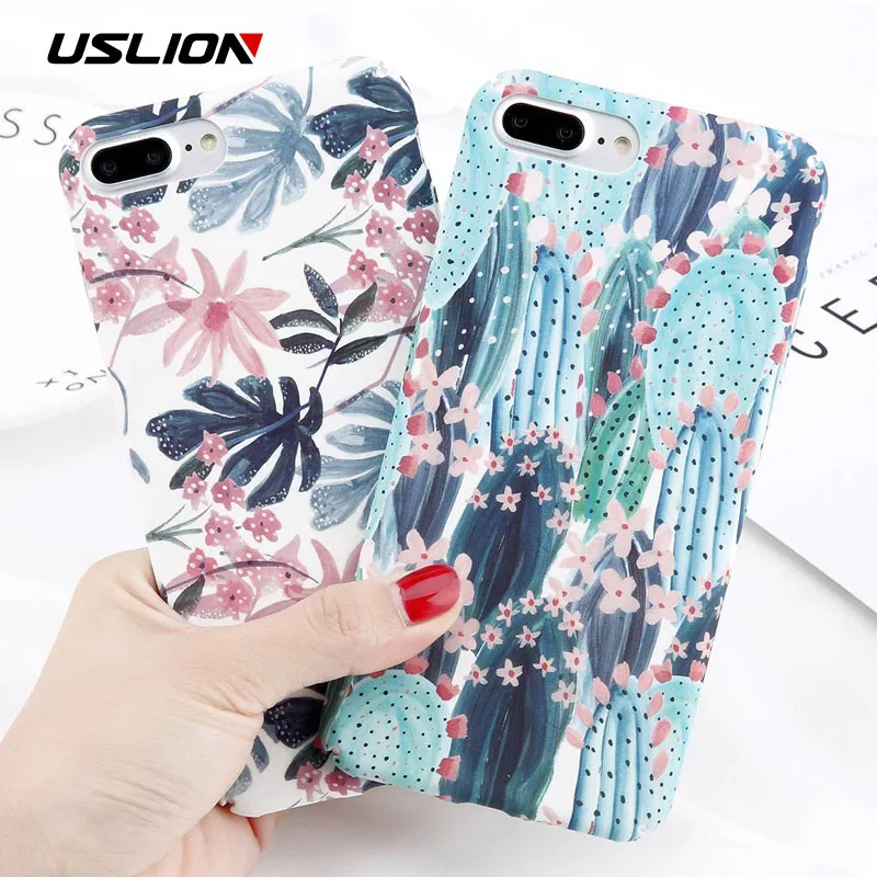 USLION Candy Color Leaf Case For iPhone XR XS MAX X Green Cactus Flower Phone Cases For iPhone 8 7 6 6S Plus Hard PC Full Cover