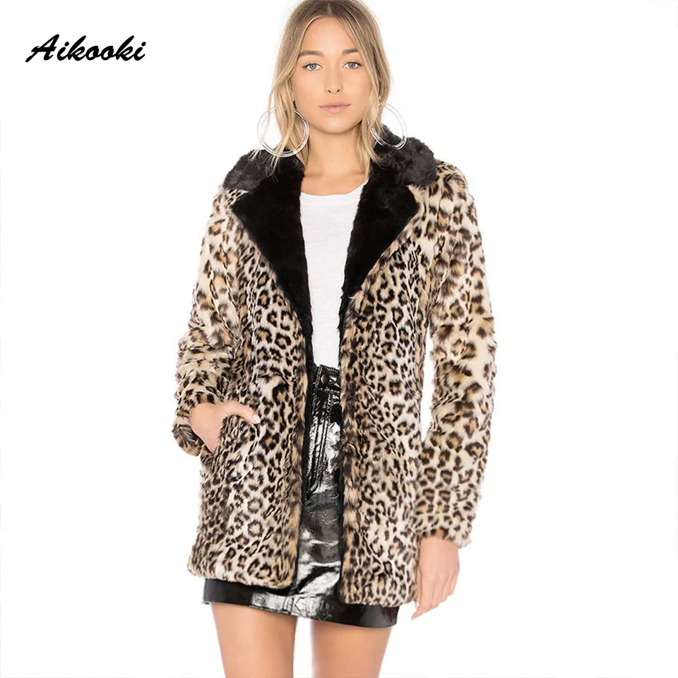 Aikooki Faux Fur Leopard Coat Women Long Sleeve Thick Warm Slim Hairy