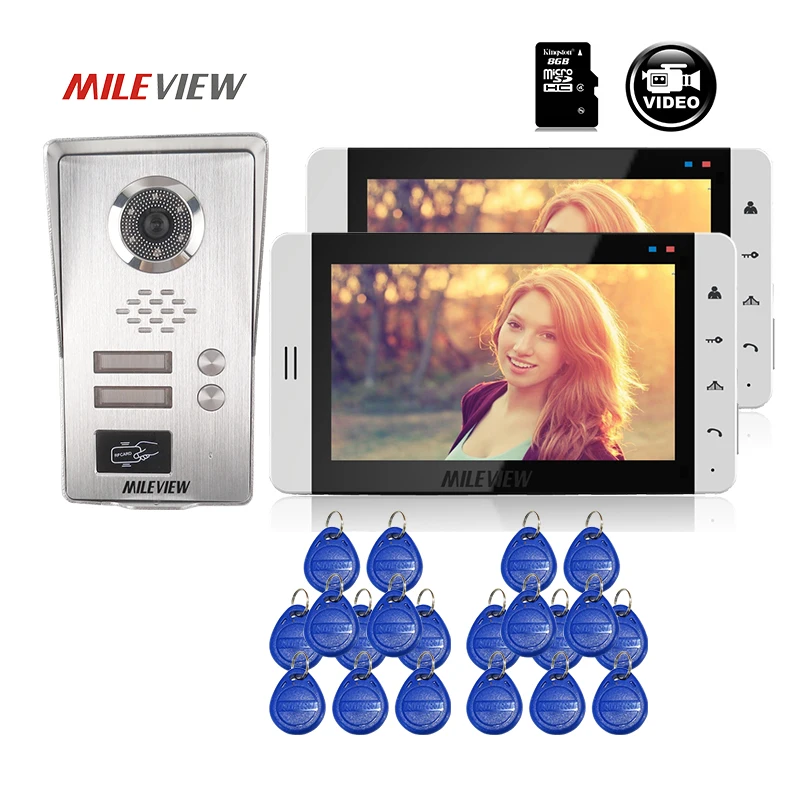 

FREE SHIPPING 7" White LCD Screen Video Door Phone Intercom 2 Record Monitors + Waterproof RFID Doorbell Camera for 2 Apartment