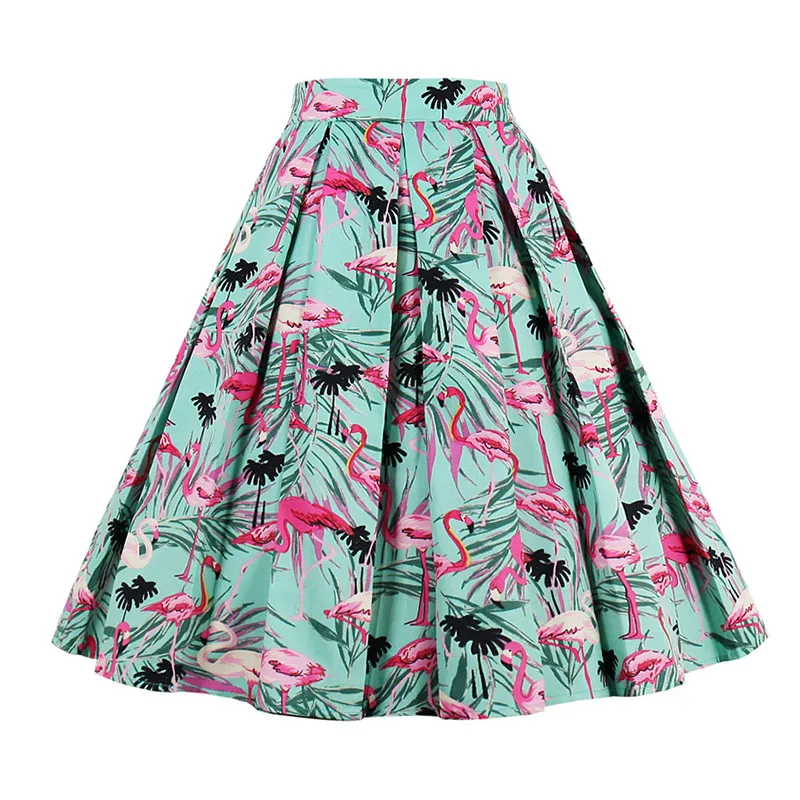 

2019 Red-crowned crane Print Summer Women Skirt High Waist Hepburn 50s 60s Vintage Skirts Women Rockabilly Swing Midi Skirt