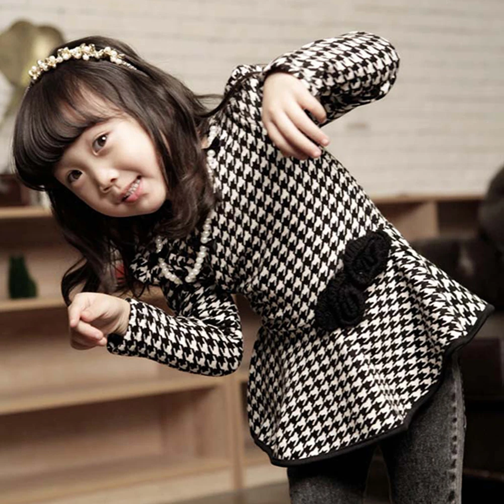 

2017 ! Baby Kid Girl Pearl Necklace Bow Dress Long Sleeve Plaid Tops Slim Dress New