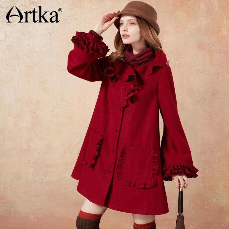 

ARTKA New Spring Girls Women Winter New Arrival Solid Red Sweet Ruffles Lantern Sleeve A-line Long Wool Coat FA10377D