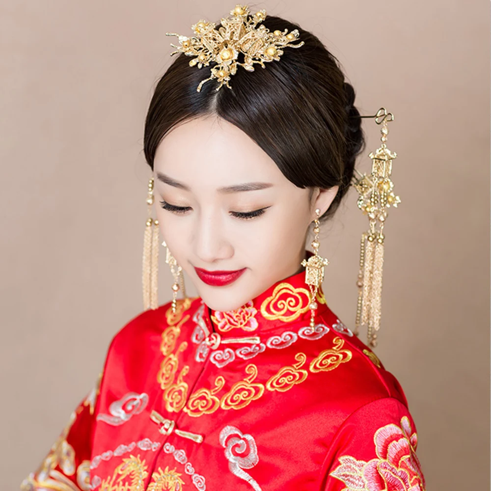 Классические Комплекты украшений для волос Золотой Цвет Традиционный китайский стиль головной убор кисточка Шпилька, которая сотрясается при ходьбе головной убор орнамент невесты свадьба Новинка