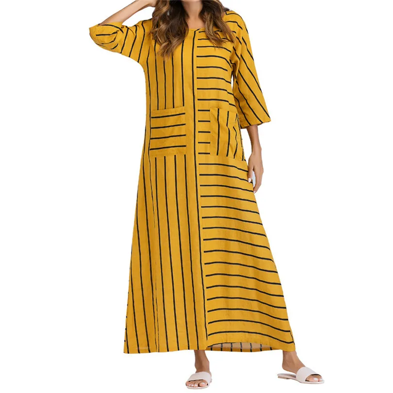   Women Summer 34 Sleeve Casual Brief Fashion Daily Striped Cotton Loose Bohe Long Beach Dress Kaftan Plus Size #4M18 (10)