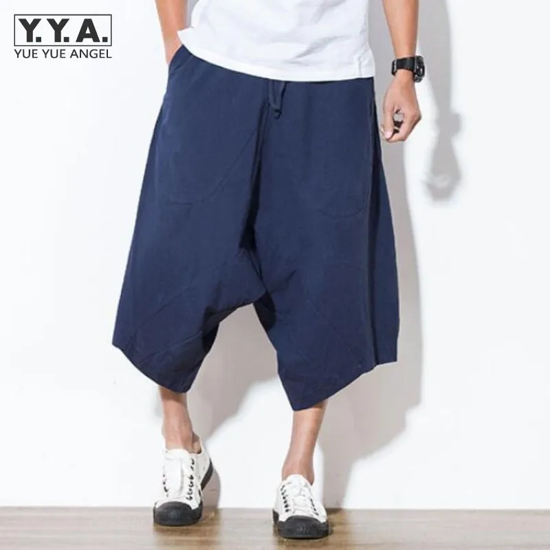 Japan Harajuku Loose Mens Capri Pants Linen Cotton Haren Pants Wide Leg ...