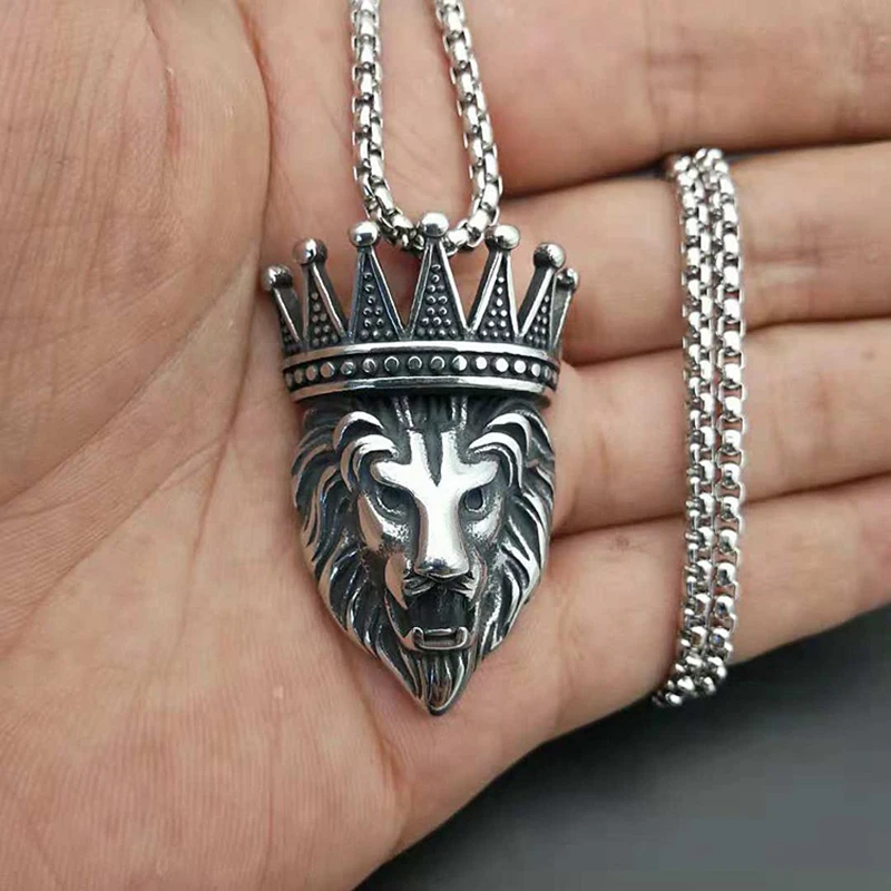 Панк-рок титановая сталь Корона голова льва мужские подвески ожерелья для мужчин ювелирные изделия серебряный цвет никогда не выцветает с 60 см коробка цепь