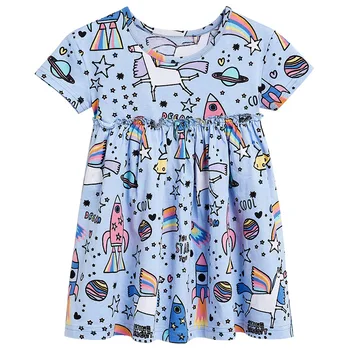 

2-6 Years Old Children'S Clothing Cotton Cartoon Short-Sleeved Girl Dress Cute Light Mint Leaf Waist Line Round Neck Skirt