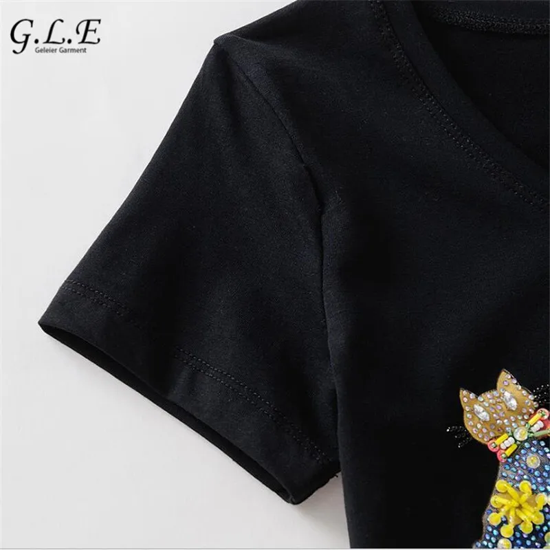 2018 Summer Women's Cotton T-shirt Four Cats Diamond Sequins handmade beaded Slim Tshirt Female Tops Casual woman t shirt Tops