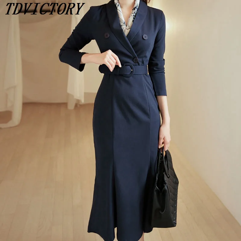 

2019 Autumn Winter New arrival Fashion Korea OL Dress Women Long Sleeve Double Breasted Notched Collar Mermaid Dress vestidos