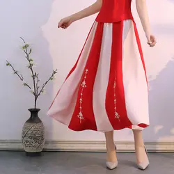Весна и лето красное и белое лоскутное винтажная длинная юбка для Для женщин Высокая Талия юбки с вышивкой Для женщин s Этническая Стиль