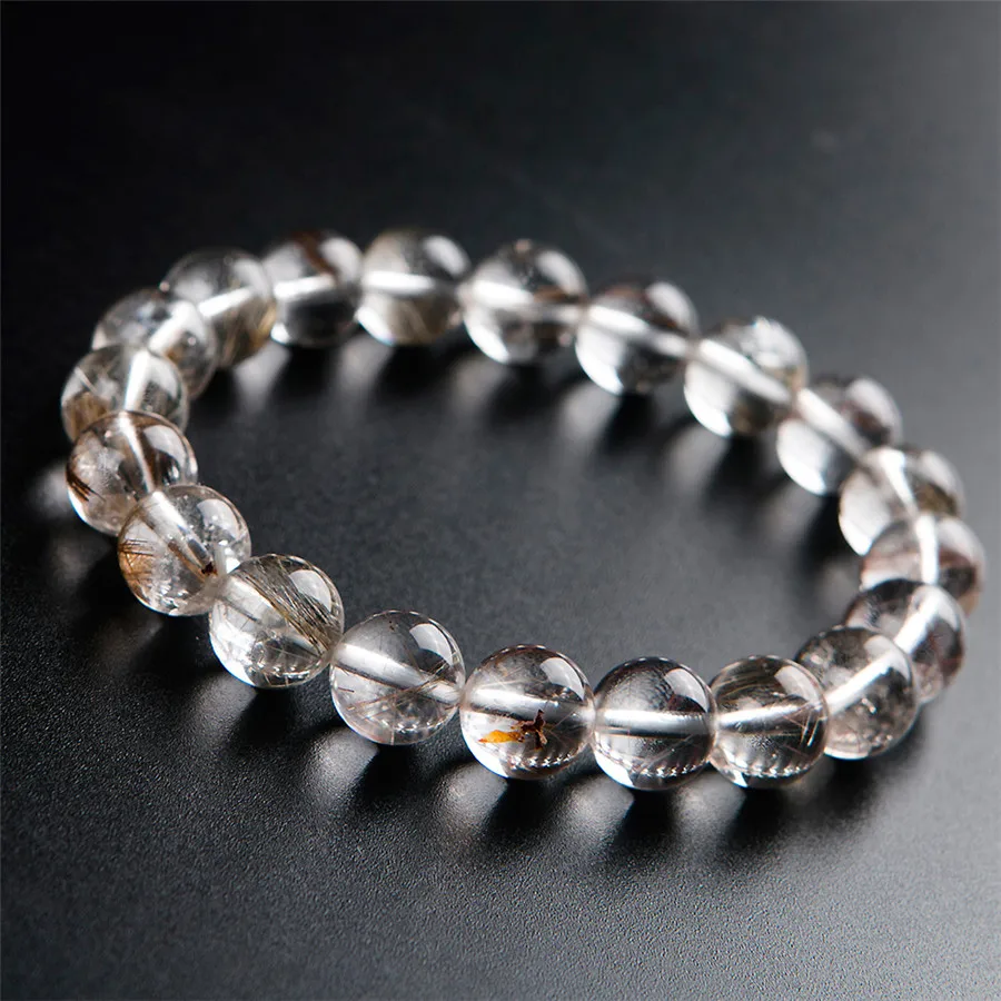 

Genuine Brazil Natural Silver Hair Rutilated Quartz Crystal Bead Lady Bracelet 10mm