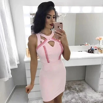 

2018 Elegant Pink Beading Wedding Party Dress High Quality Fashion Sleeveless Bodycon Celebrity Cut Out Bandage Dress Wholesale