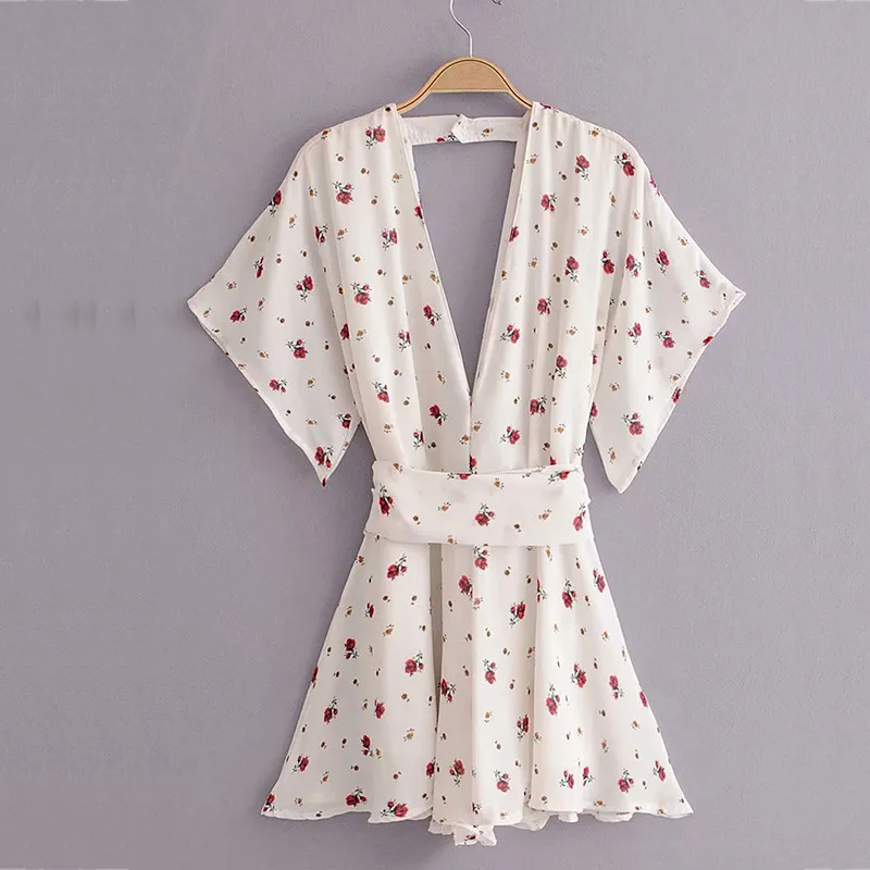 yinlinhe White Floral Playsuit Women Short Sleeve V neck Backless Sexy Summer Playsuit Slim Waist Bowknot Elegant Rompers 10