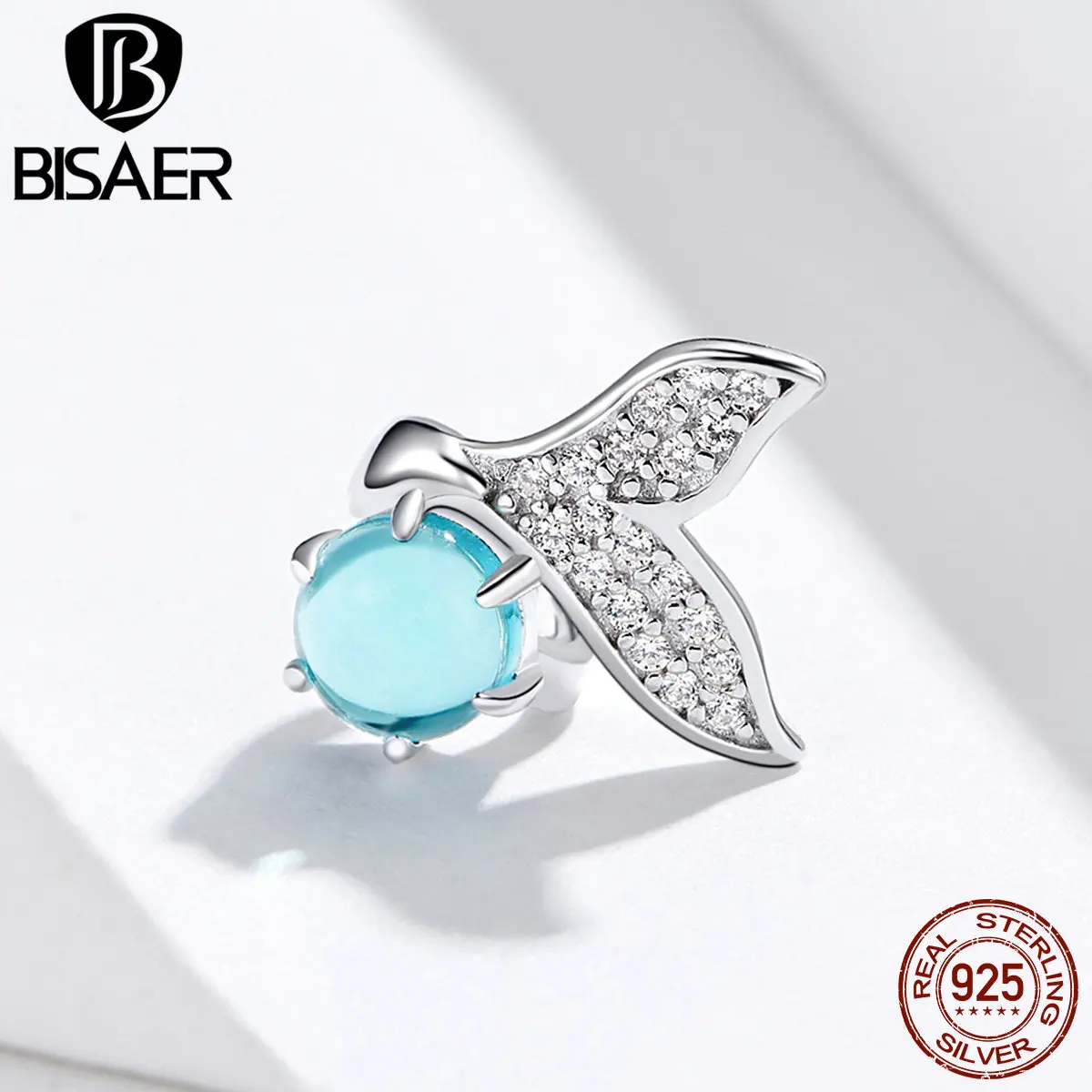 

BISAER Mint Blue Crystal Charms 925 Sterling Silver Mermaid Tail Charms Fit Bracelet For Women New Hot Sale DIY Jewelry GXC1226
