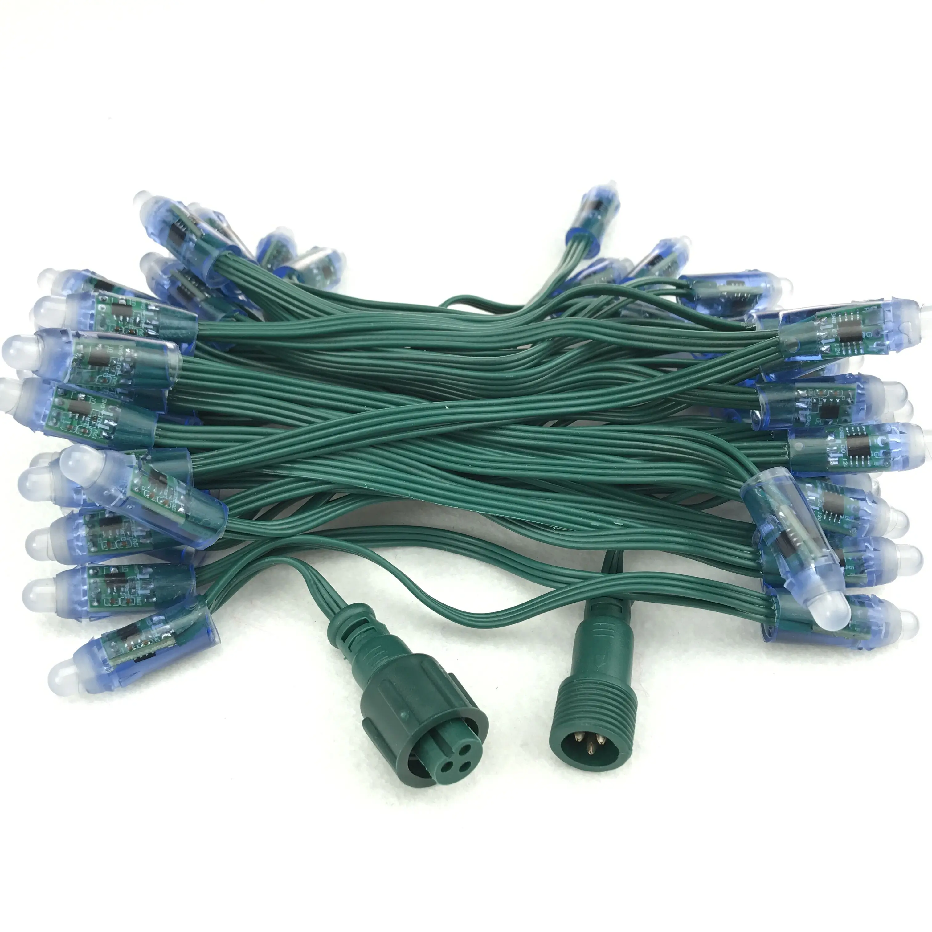 

100pcs/set bullet DC12V addressable 12mm WS2811 RGB led smart pixel node;all GREEN 18AWG)wire,IP68;with 0.2m xConnect pigtail