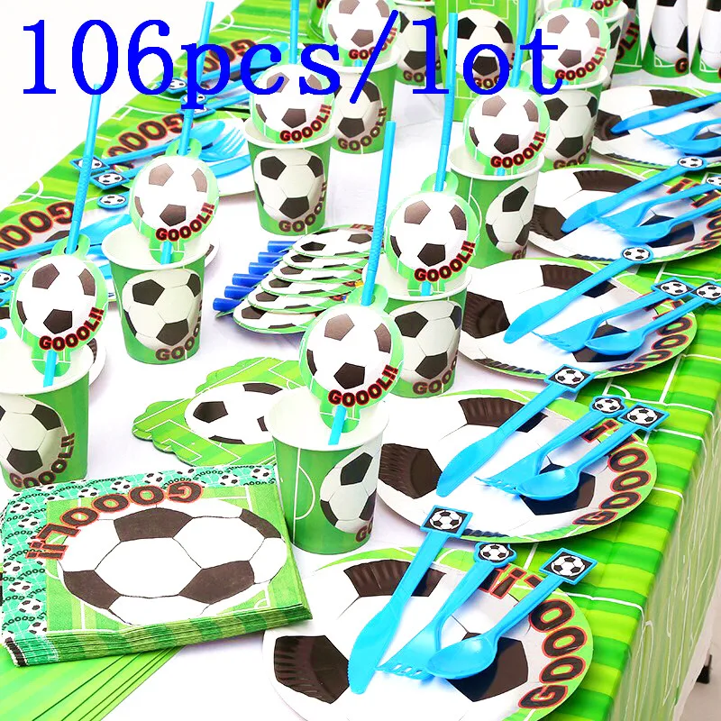 

Kids Favor Green Football 106Pcs/Lot Paper Tableware Sets Kid Birthday Baby Shower Wedding Cup+Plate+Horns Decoration Supply