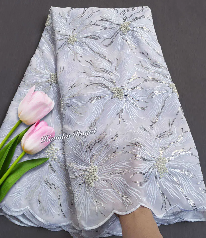 Чистый белый вышитый бисером Африканский швейцарский кружевной вуаль ткань супер мягкий нигерийский швейное платье Высокое качество 5 ярдов хороший выбор - Цвет: white