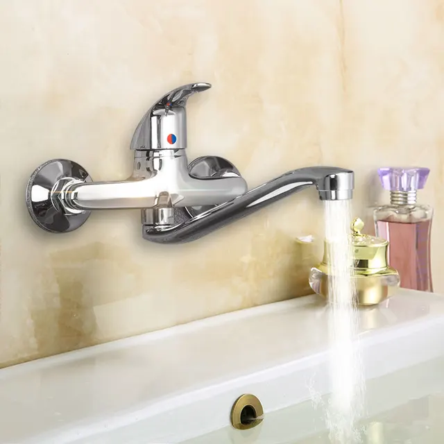 Xueqin Extended Spout Bathroom Basin Faucet Chrome Polished Single Handle  Sink Water Mixer Tap Cold And Hot Wall Mounted