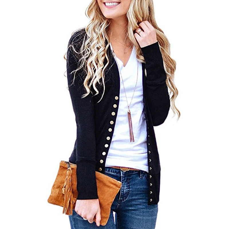 2018 Women Cardigan Solid V Neck Slim Buttons Top Knitting