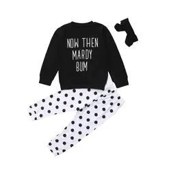 Прелестный малыш новорожденных для маленьких девочек с длинными рукавами хлопковые топы рубашка брюки наряды одежда 3 шт. Модный комплект