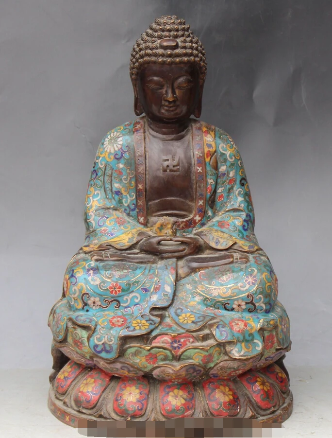 

16" Tibetan Bronze Cloisonne Enamel Shakyamuni Amitabha Sakyamuni Buddha Statue