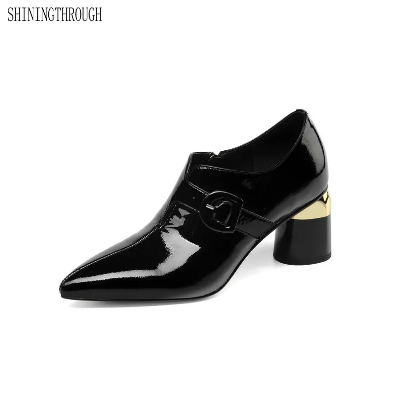 

Women Pumps zipper Wide Buckle high Heels Single Shoes Pointed Toe Genuine Leather 7cm Heels large size 42