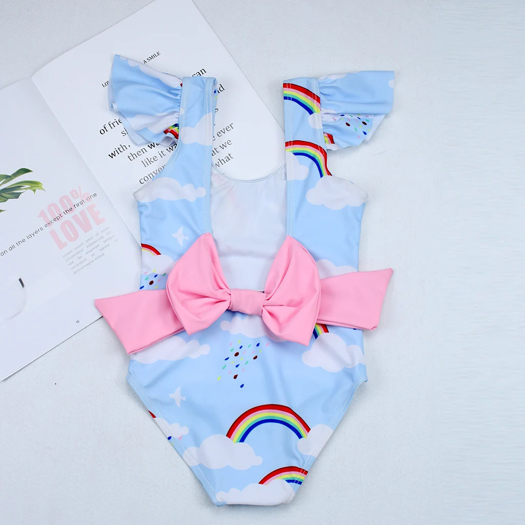 

2019New Swimsuit Girls One Piece Swimwear Children Bodysuit Pretty Rainbow and Cloud Print Big Bowknot Swimsuit
