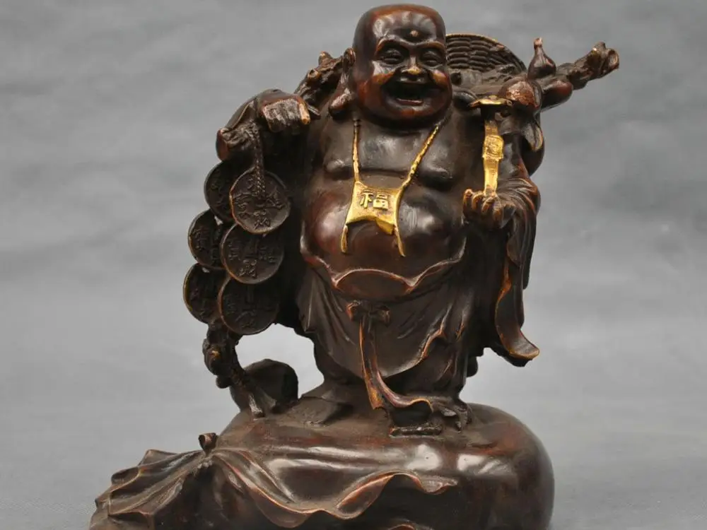 

10" China Bronze Buddhism Happy Maitreya Buddha Hold Ruyi Blessing Figurine