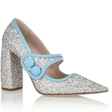 Shofoo Frauen Silber Glitter Punkt Toe Schnalle Pumpen Mid High Heels Schuhe Frau, Plus größe 5-14
