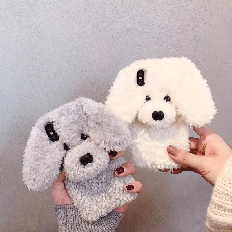 Totviss Case Cute white 3D dog Plush fur phone Case For iphone 6 6S 7 8 Plus X XR XS 11pro Max Winter Warm fur Soft TPU Cover