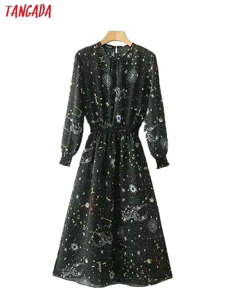 

Tangada Fashion Black Women Floral Print Mid Dress Elastic Waist Long Sleeve O-neck Two Pieces Set Vintage Brand Vestidos XD98