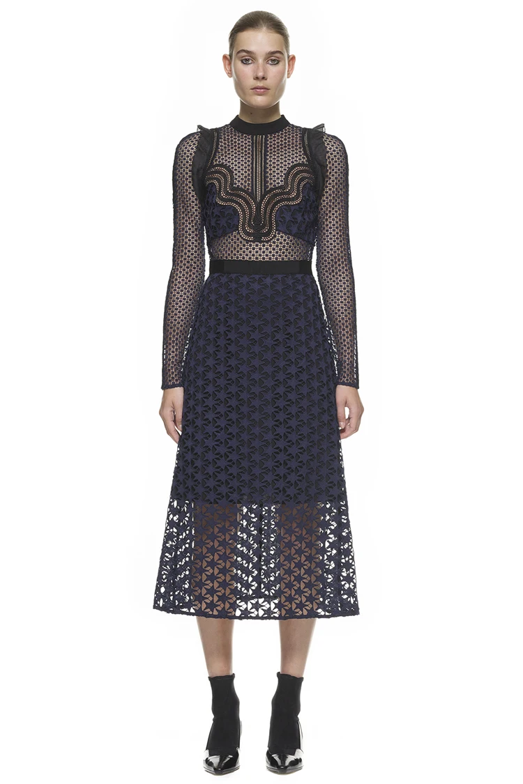 

2019 New Runway Women Self Portrait dress Bran See Through Hollow Out Star Lace Long Sleeve Slim Sexy dresses Vestidos de Festa
