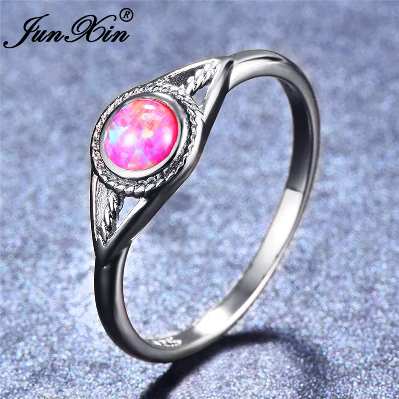 JUNXIN 925 Sterling Silver Filled Purple/Blue/White Fire Opal Rings For Women Round Birthstone Rainbow Evil Eye Wedding Ring