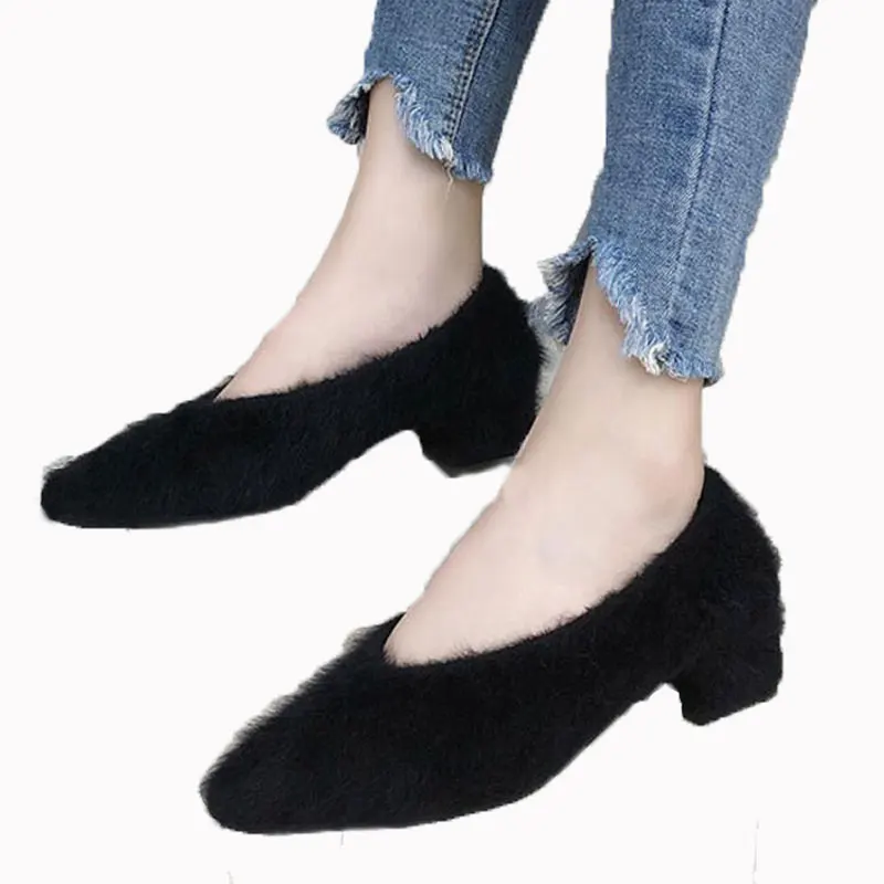 

Fashion Low-heel Loafer Shoes Women Spring Casual Fur Shoe 2019 Female Pointed Toe Thick Heel Slip-On Shoes For Lady Black