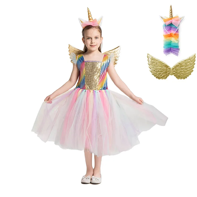 

Unicorn Girls Dress Children Cosplay Outfits Hand Made Birthday Party Summer Fancy Prom Clothes Rainbow Princess Dress For Kids