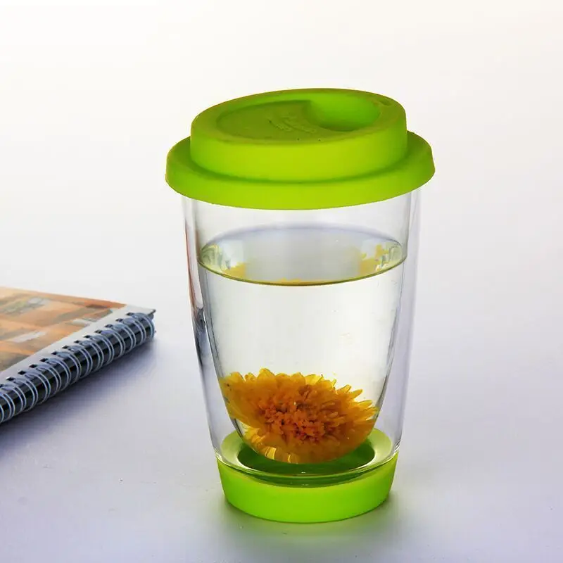 Стеклянная кружка для кофе с двойными стенками, термостойкая стеклянная чашка с силиконовой крышкой и основанием, двойная чашка