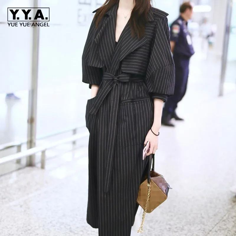 

Brand Fashion Women Super Long Trench Coat 2019 Runway Striped Outwear Windbreaker Female Belted High Street Loose Trench Coats