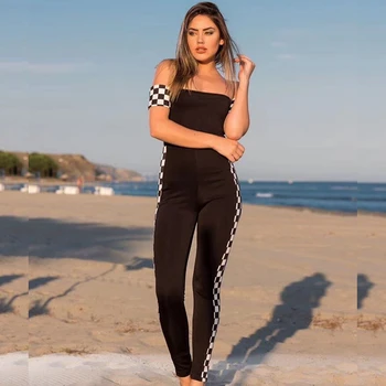 

2019 Women Black Short Sleeve Off The Soulder Bodycon Bandage Jumpsuit Slash Neck Patchwork Sexy Backless Verano Wholesale