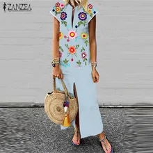 Платье макси с принтом размера плюс, женский летний сарафан, ZANZEA, женское длинное платье с v-образным вырезом и коротким рукавом, женское платье с разрезом