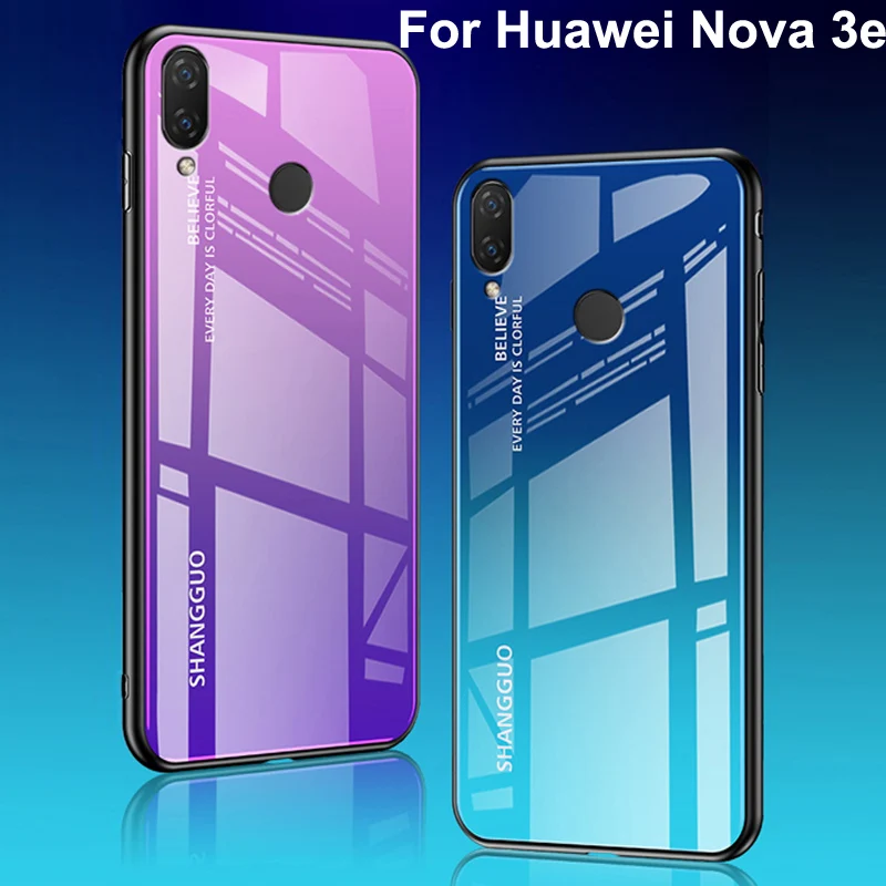 Роскошные градиентные чехол из закаленного стекла для Huawei Nova 3e жесткий телефона