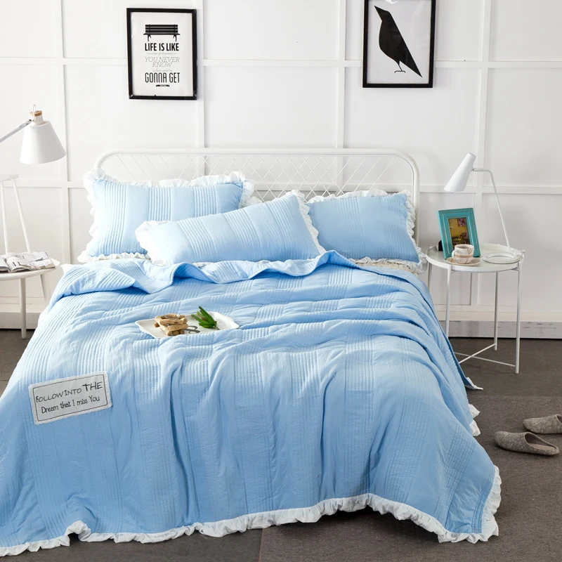 

2019 Blue Stitching Summer Quilt Washed Polyester Border Blanket Bedspread Set 3Pc Quilt 250x250cm Stitching Bed Covers