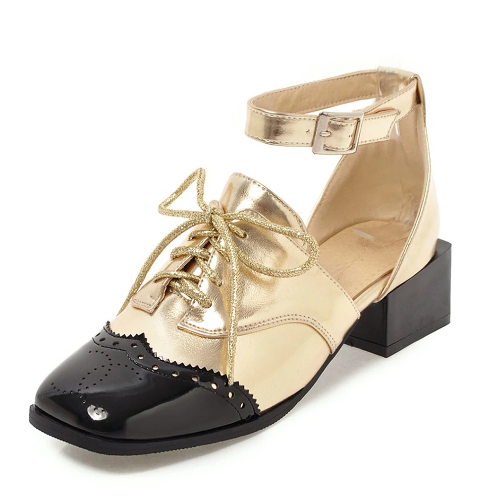 

RIBETRINI Sweet 2019 Chunky Heels Two Piece Shoes Women Thick Heels Brogue Shoes Square Toe Ankle Strap Pumps Big Size 33-46