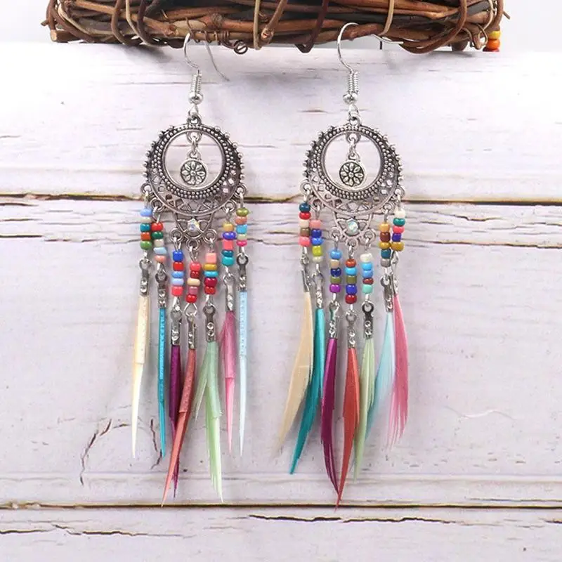 Vintage Ethnic Rainbow Beads Feather Dangle Drop Earrings for Women Female Boho Jewelry Accessories Long Earrings