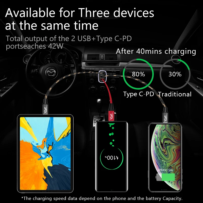 VVKing شاحن سيارة سريعة تهمة 3.0 + 4.8A ماكس 42 W لهواوي سامسونج iphone Xiaomi نوع C PD 3.0 سريع شاحن سيارة الهاتف شاحن