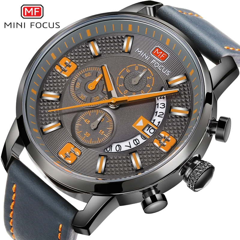  MINI FOCUS Men's Quartz Watches Waterproof Leather Strap Army Military Sports Wristwatch Man Relogi
