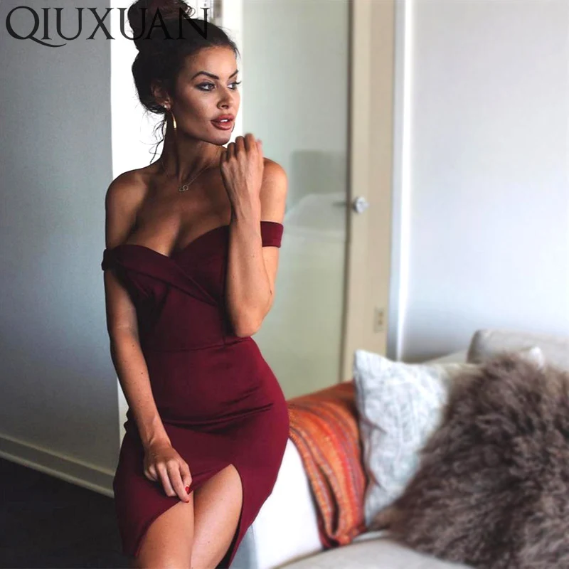 Qiuxuan платья с открытыми плечами однотонное модное платье высокой талией женское