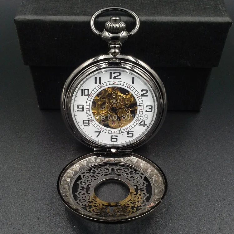 

Luxury White Dial Hollow Case Skeleton Wind Up Mechanical Mens Pocket Watch with Chain Nice Gift Wholesale Price H194
