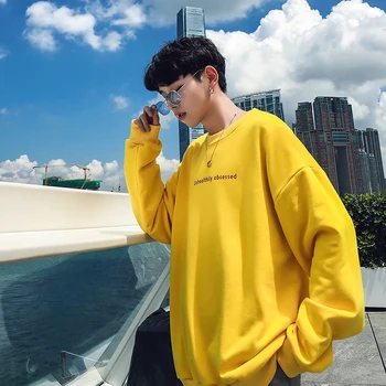 

2018 Autumn New Men's Temperament Youth Fashion Long-sleeved Personality Cotton Pullover Sweatshirt Casual Solid Color