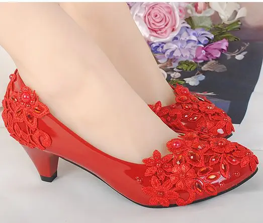 

Red wedding shoes for women full applique lace ornament PR572 fashion sexy red party shoes for woman women's dress pump