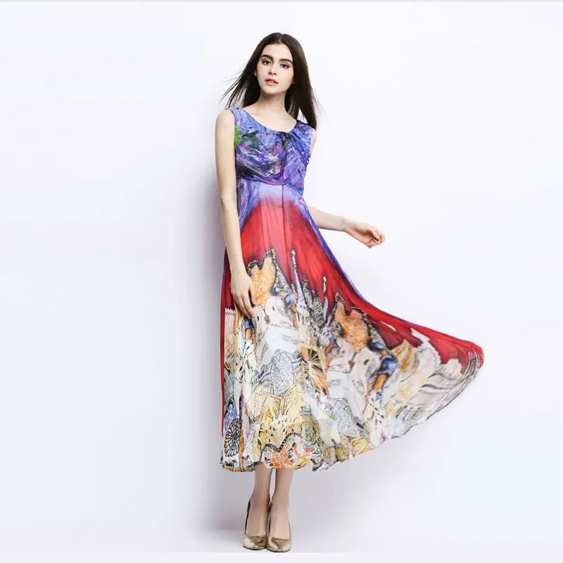 

Women Silk dress Bohemian long dress 100% Natural Silk Print Beach dress summer Off shoulder